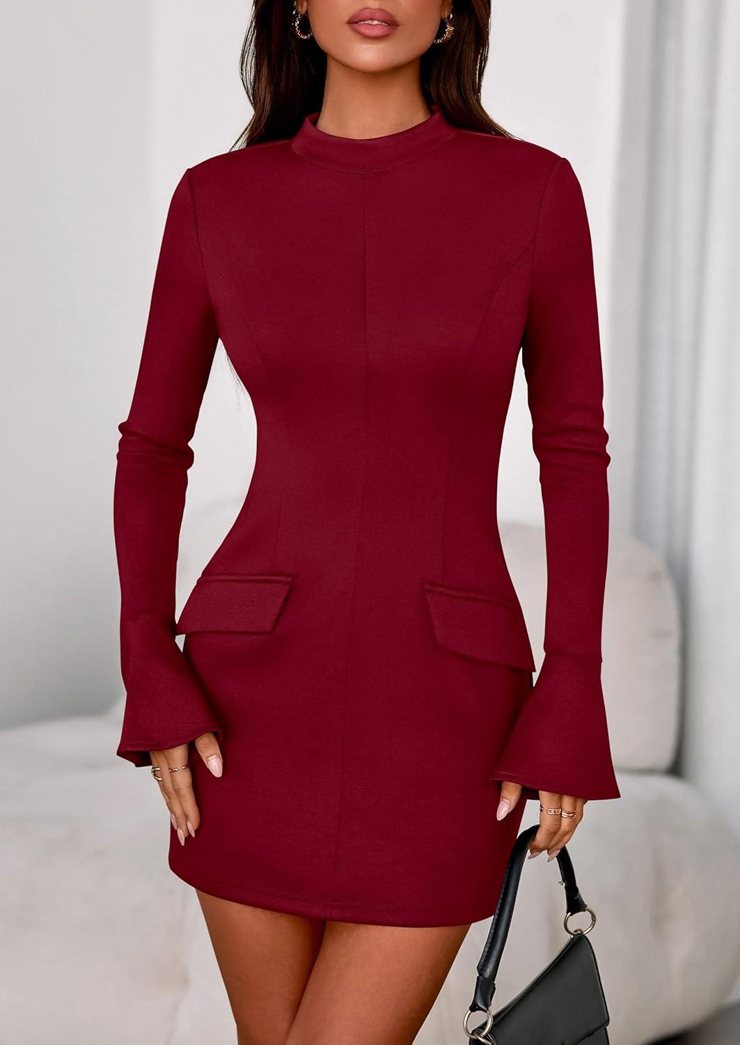 imagePRETTYGARDEN Womens Short Formal Dresses Fall Long Sleeve Mock Neck Elegant Cocktail Party Club Bodycon Mini DressBurgundy