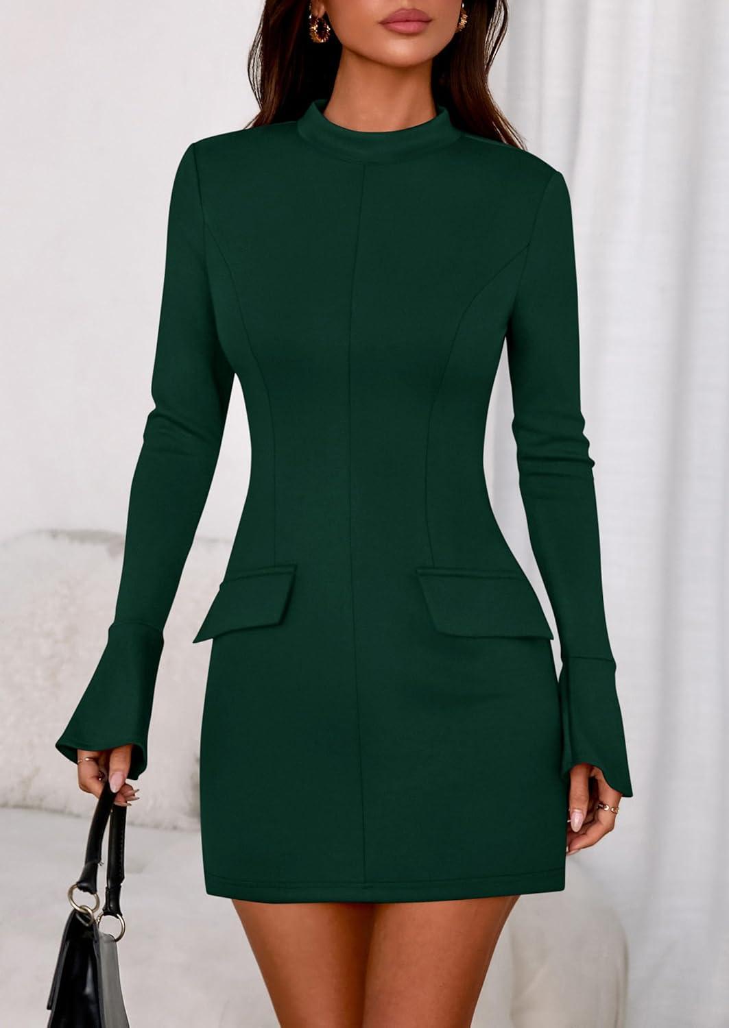imagePRETTYGARDEN Womens Short Formal Dresses Fall Long Sleeve Mock Neck Elegant Cocktail Party Club Bodycon Mini DressDark Green