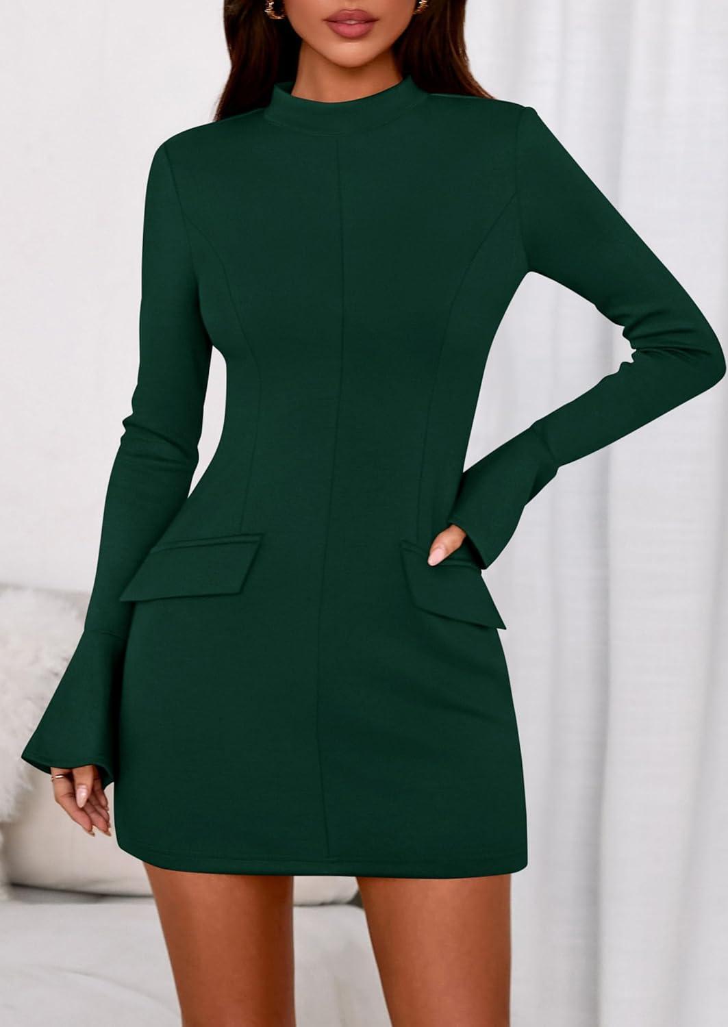 imagePRETTYGARDEN Womens Short Formal Dresses Fall Long Sleeve Mock Neck Elegant Cocktail Party Club Bodycon Mini DressDark Green