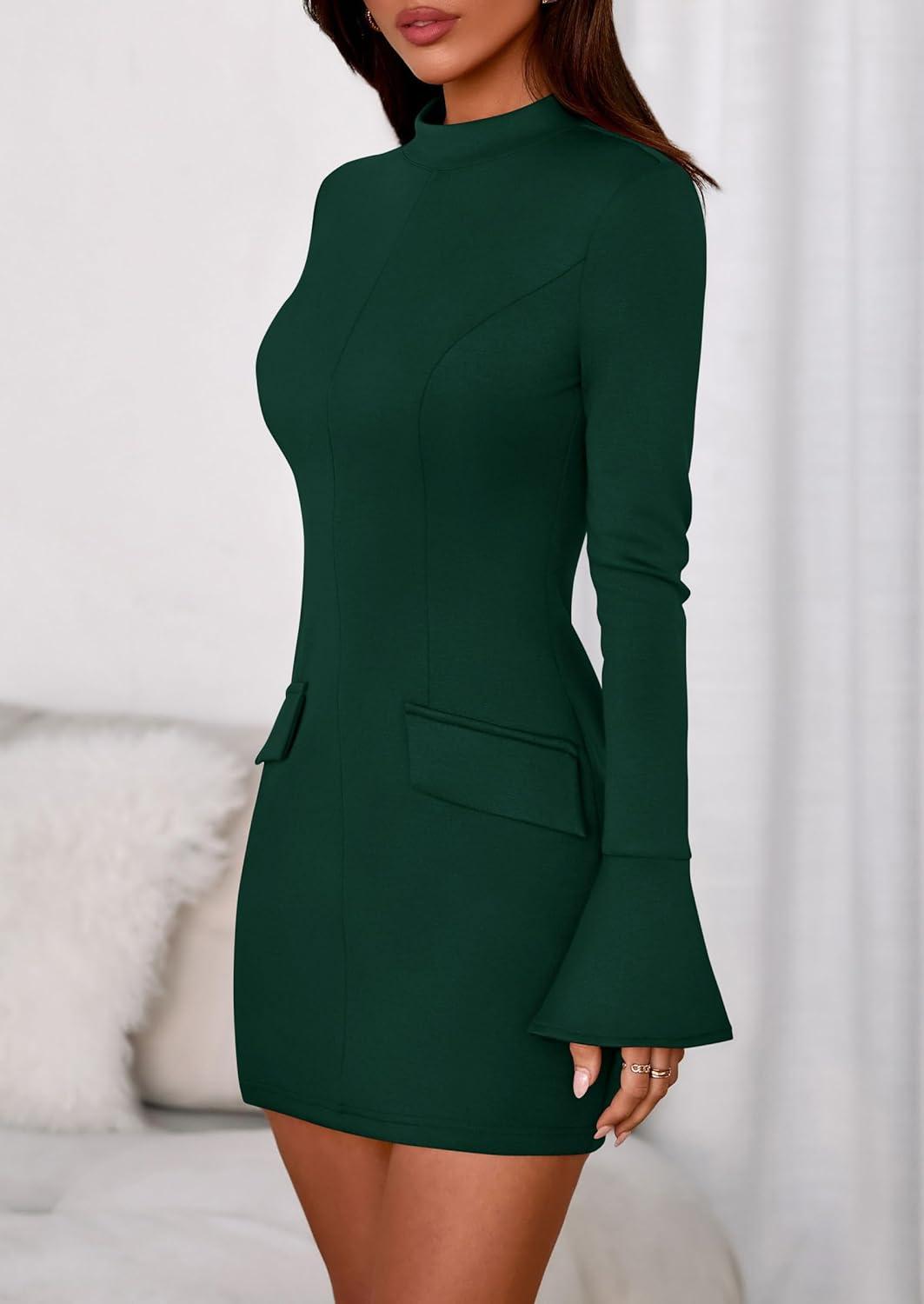 imagePRETTYGARDEN Womens Short Formal Dresses Fall Long Sleeve Mock Neck Elegant Cocktail Party Club Bodycon Mini DressDark Green