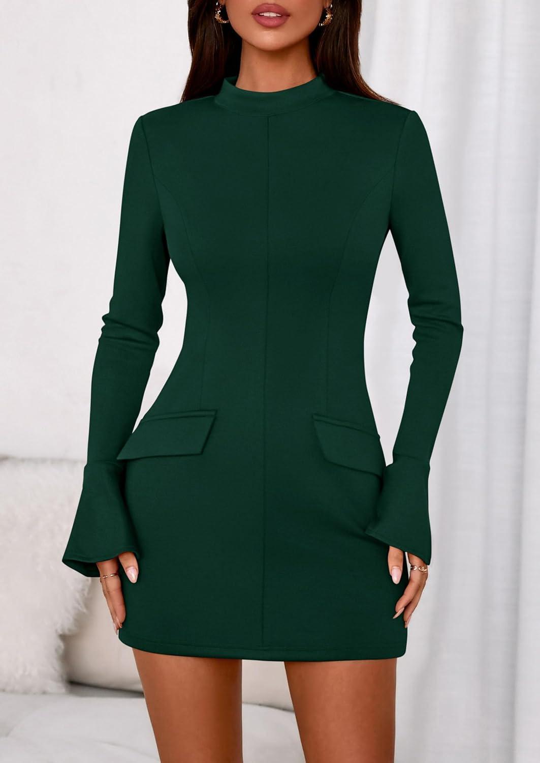 imagePRETTYGARDEN Womens Short Formal Dresses Fall Long Sleeve Mock Neck Elegant Cocktail Party Club Bodycon Mini DressDark Green