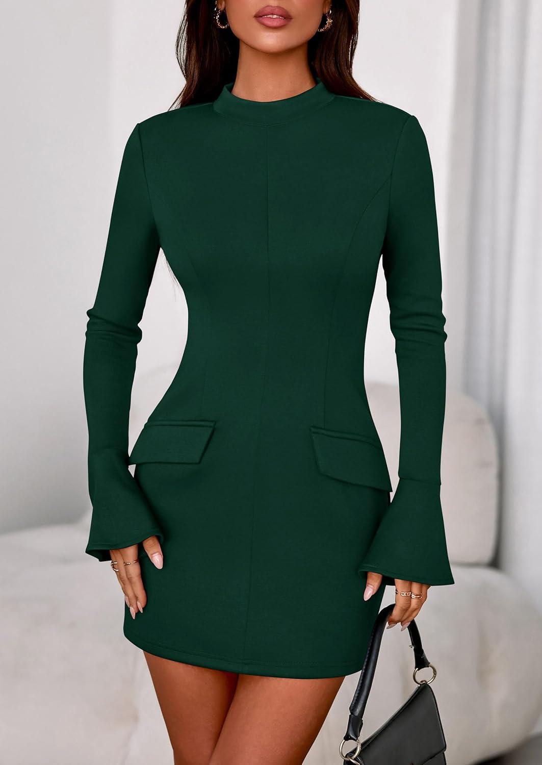 imagePRETTYGARDEN Womens Short Formal Dresses Fall Long Sleeve Mock Neck Elegant Cocktail Party Club Bodycon Mini DressDark Green