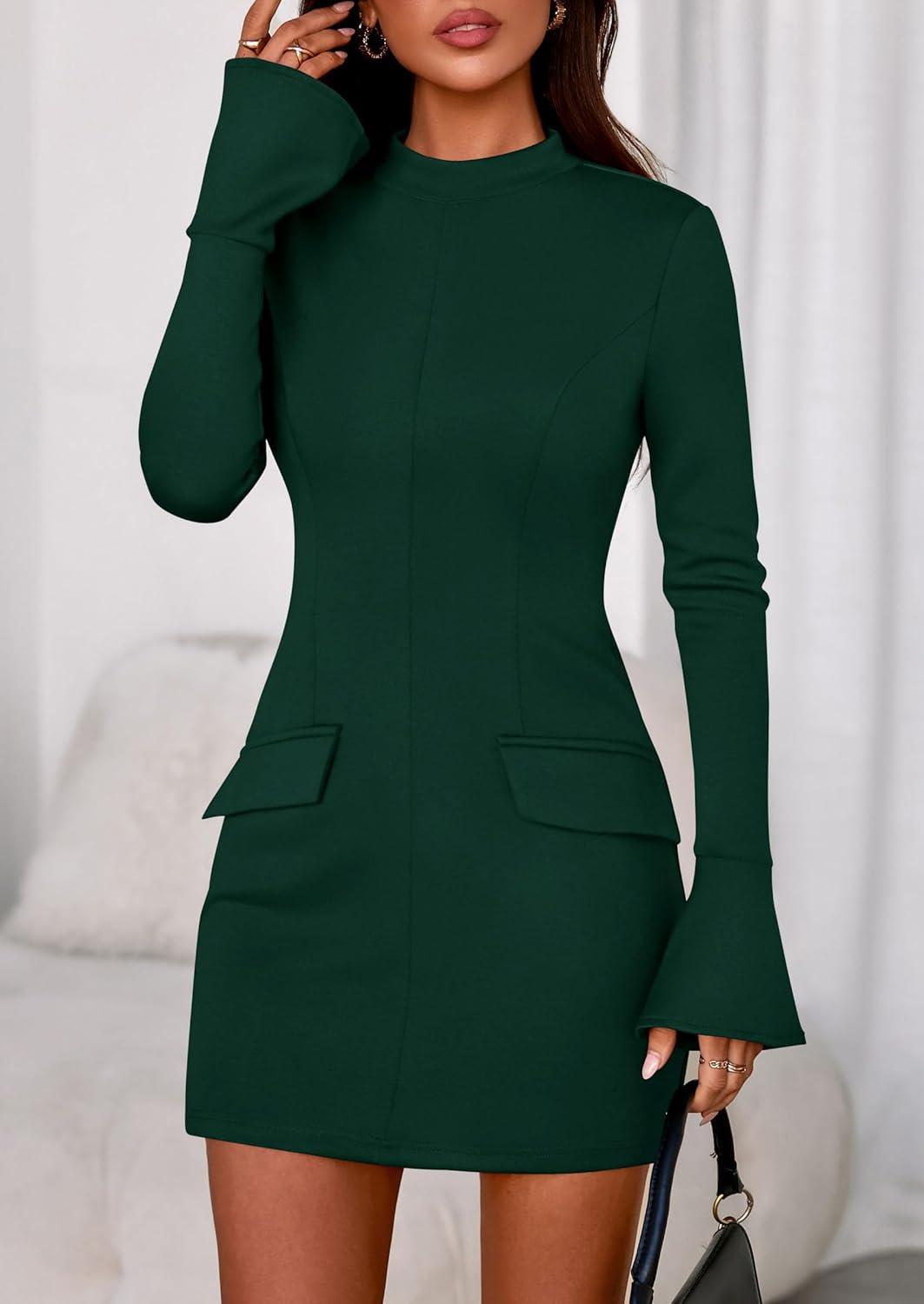 imagePRETTYGARDEN Womens Short Formal Dresses Fall Long Sleeve Mock Neck Elegant Cocktail Party Club Bodycon Mini DressDark Green