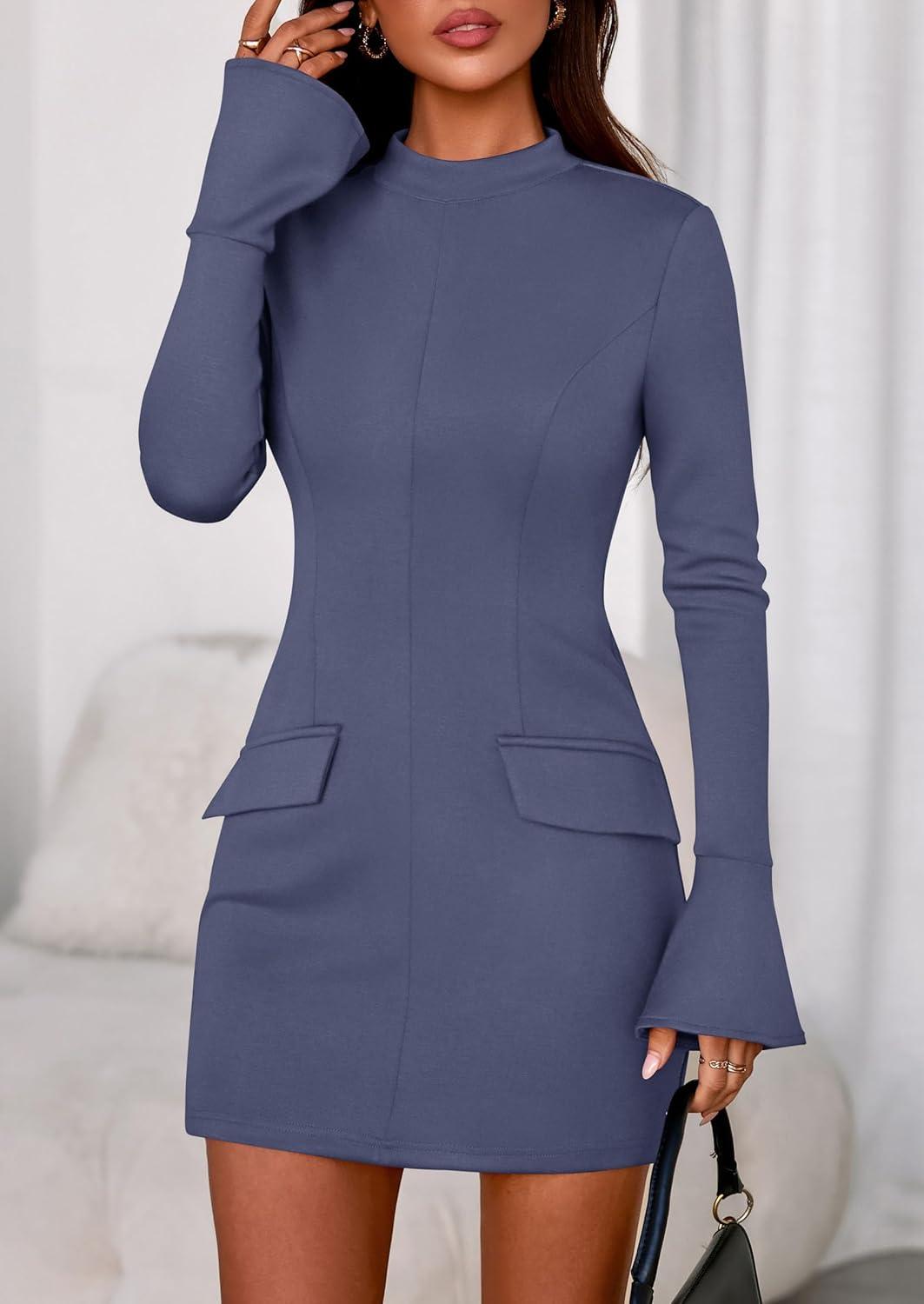 imagePRETTYGARDEN Womens Short Formal Dresses Fall Long Sleeve Mock Neck Elegant Cocktail Party Club Bodycon Mini DressDusty Blue
