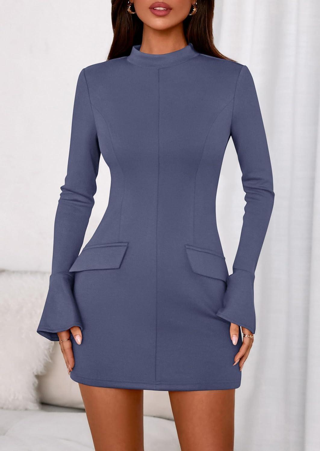 imagePRETTYGARDEN Womens Short Formal Dresses Fall Long Sleeve Mock Neck Elegant Cocktail Party Club Bodycon Mini DressDusty Blue