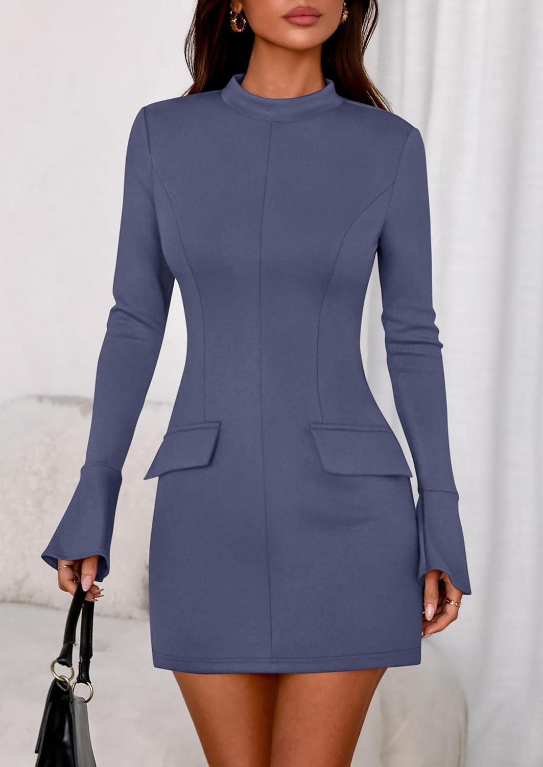 imagePRETTYGARDEN Womens Short Formal Dresses Fall Long Sleeve Mock Neck Elegant Cocktail Party Club Bodycon Mini DressDusty Blue