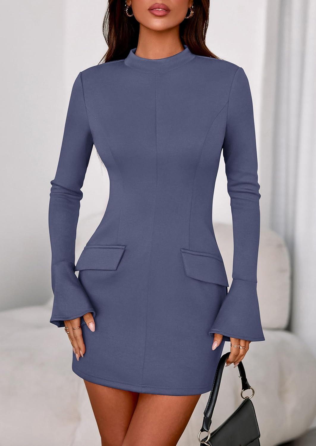 imagePRETTYGARDEN Womens Short Formal Dresses Fall Long Sleeve Mock Neck Elegant Cocktail Party Club Bodycon Mini DressDusty Blue