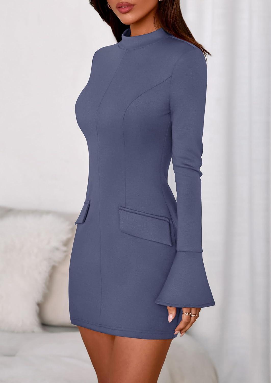 imagePRETTYGARDEN Womens Short Formal Dresses Fall Long Sleeve Mock Neck Elegant Cocktail Party Club Bodycon Mini DressDusty Blue