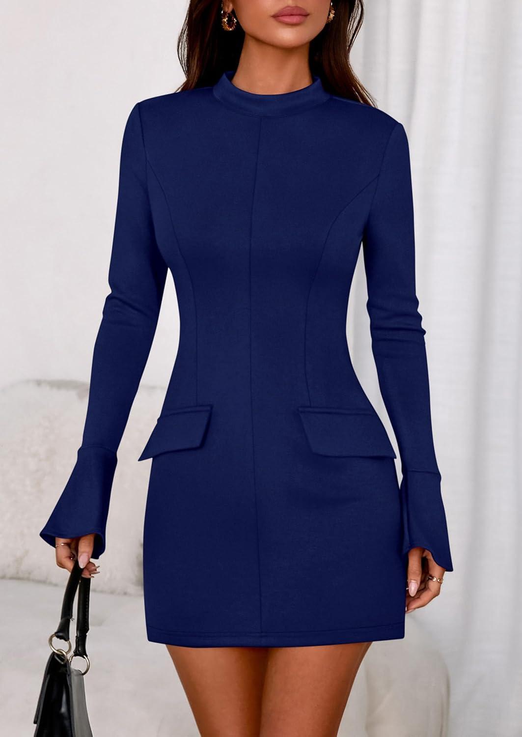 imagePRETTYGARDEN Womens Short Formal Dresses Fall Long Sleeve Mock Neck Elegant Cocktail Party Club Bodycon Mini DressNavy Blue