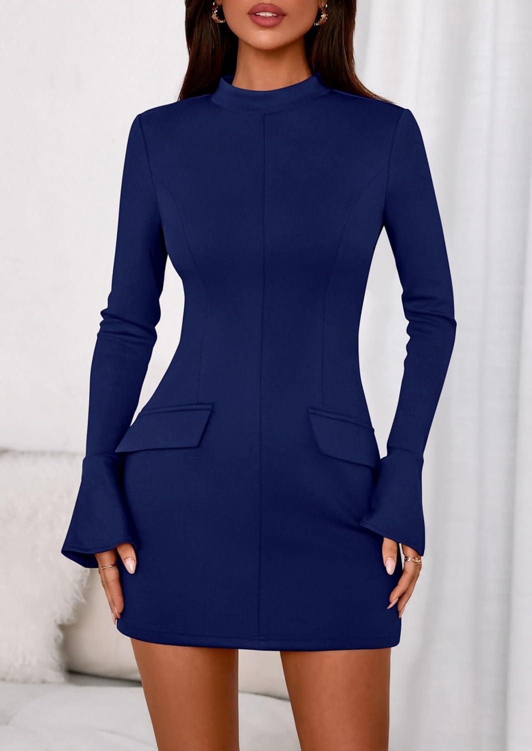 imagePRETTYGARDEN Womens Short Formal Dresses Fall Long Sleeve Mock Neck Elegant Cocktail Party Club Bodycon Mini DressNavy Blue