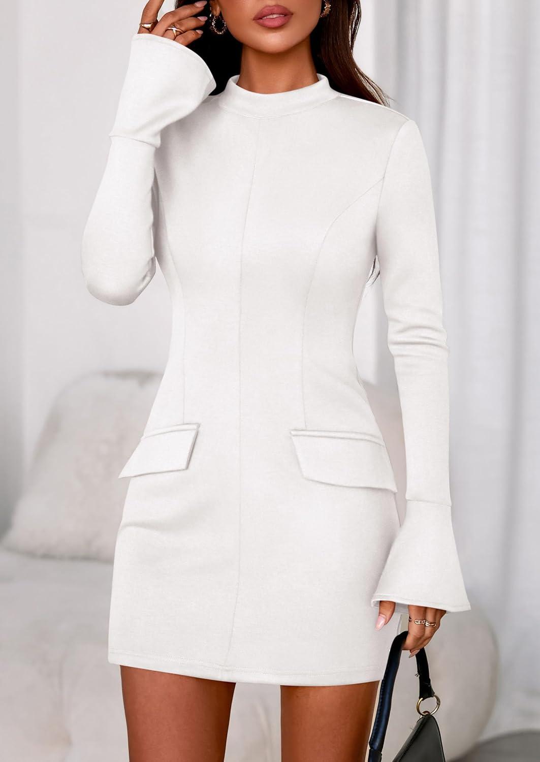 imagePRETTYGARDEN Womens Short Formal Dresses Fall Long Sleeve Mock Neck Elegant Cocktail Party Club Bodycon Mini DressWhite