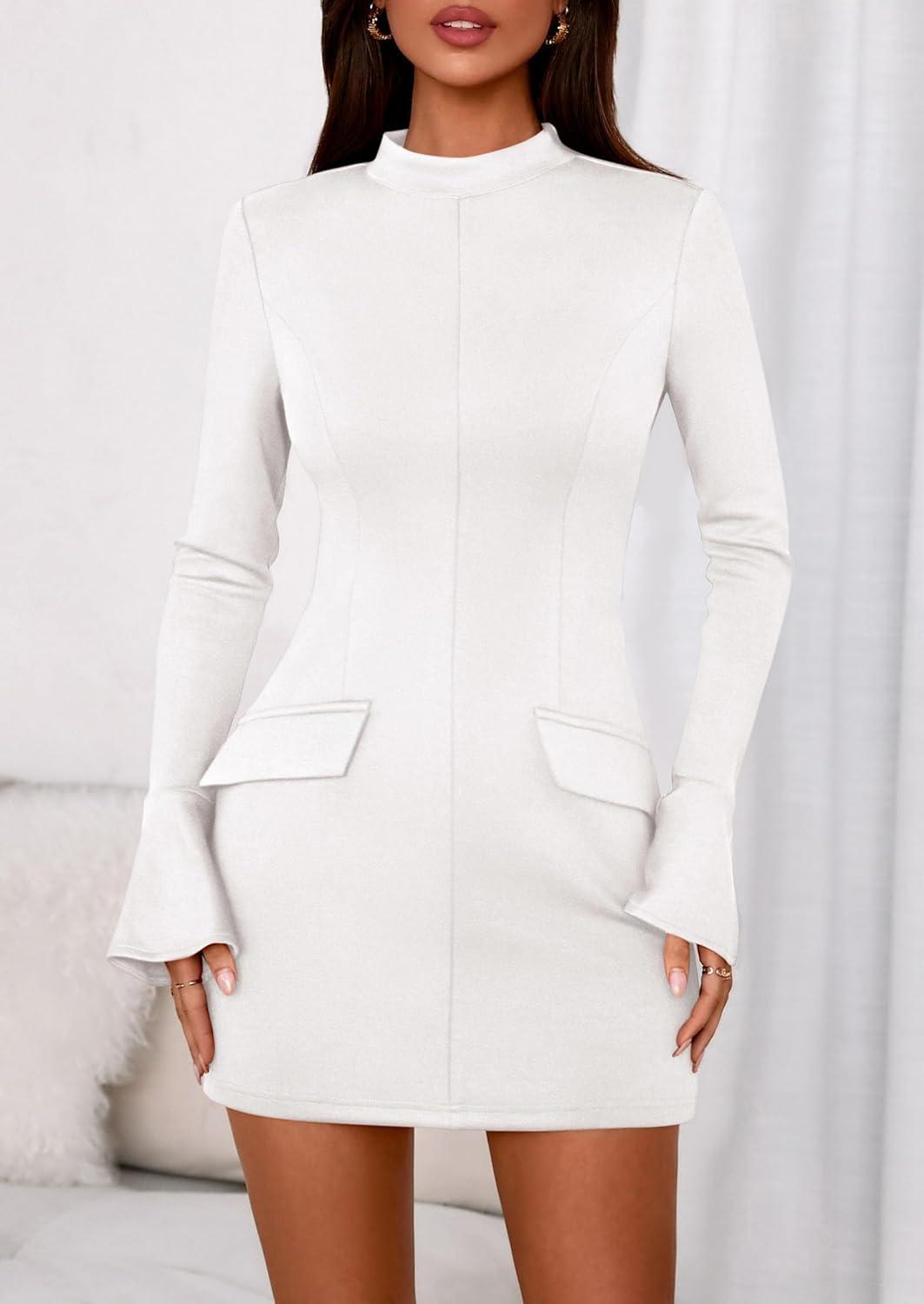 imagePRETTYGARDEN Womens Short Formal Dresses Fall Long Sleeve Mock Neck Elegant Cocktail Party Club Bodycon Mini DressWhite
