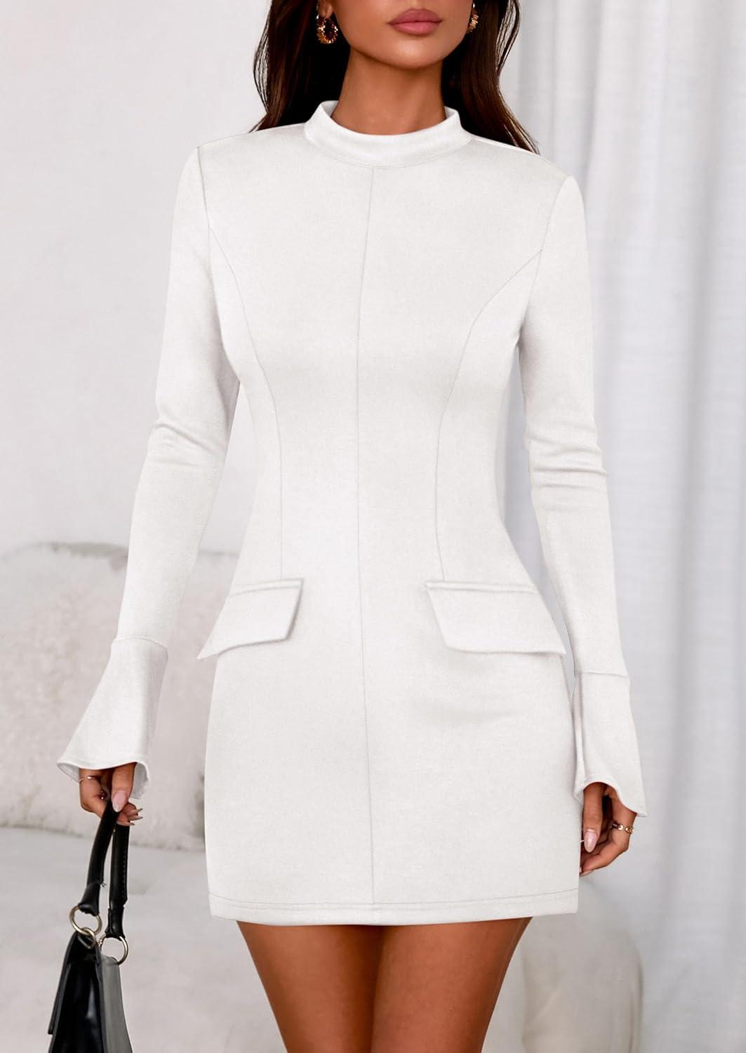 imagePRETTYGARDEN Womens Short Formal Dresses Fall Long Sleeve Mock Neck Elegant Cocktail Party Club Bodycon Mini DressWhite