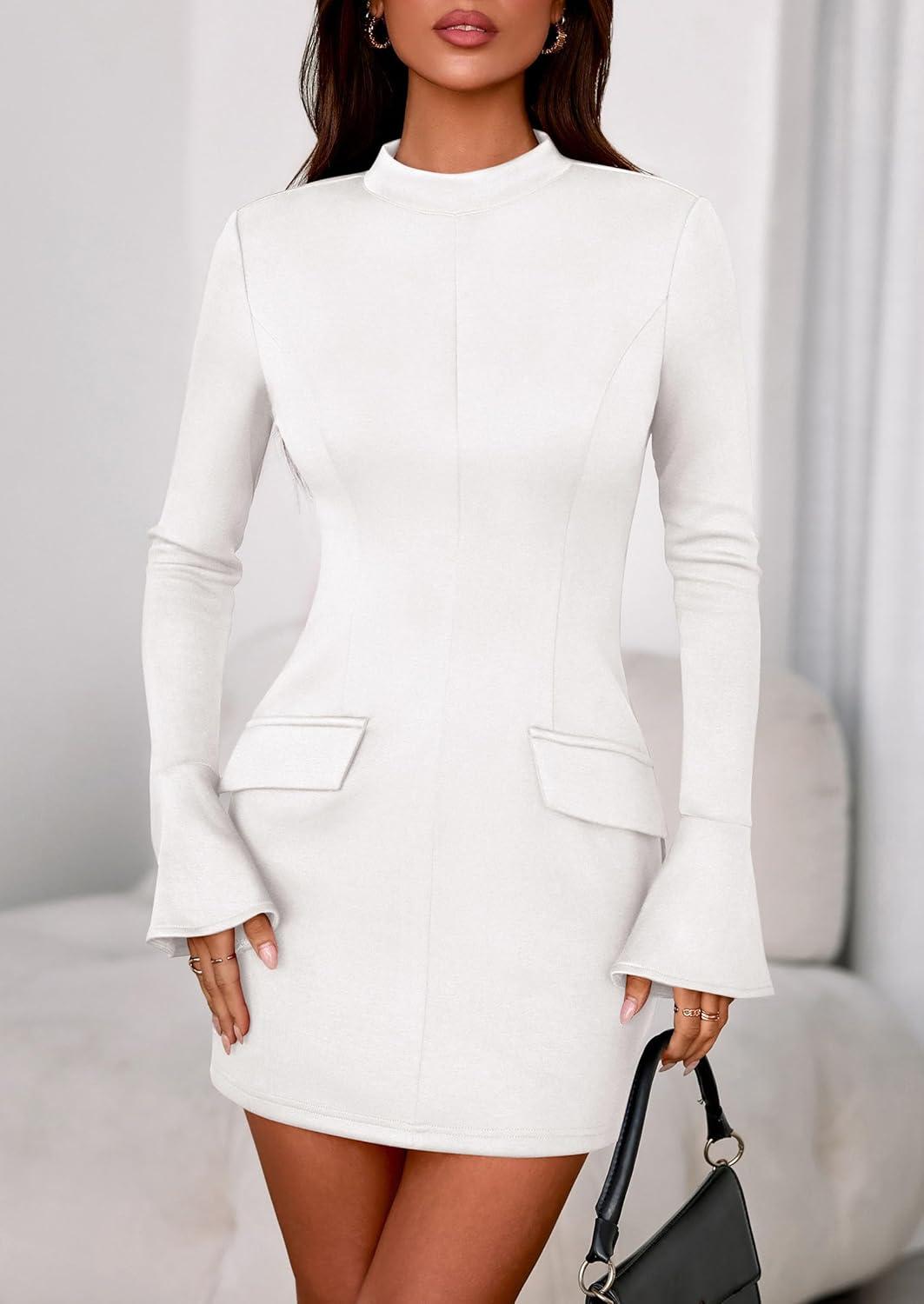 imagePRETTYGARDEN Womens Short Formal Dresses Fall Long Sleeve Mock Neck Elegant Cocktail Party Club Bodycon Mini DressWhite