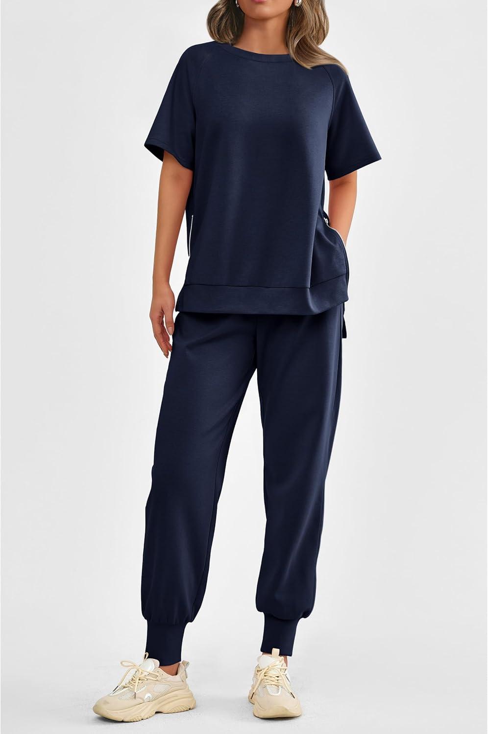 imagePRETTYGARDEN Womens Summer 2 Piece Outfit Tracksuits Casual Short Sleeve Tops High Waisted Sweatpants Set