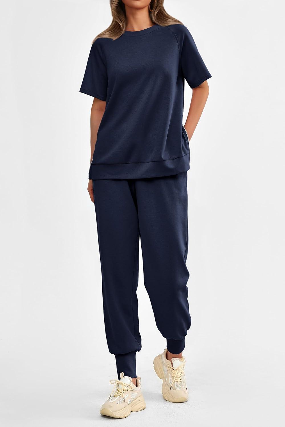 imagePRETTYGARDEN Womens Summer 2 Piece Outfit Tracksuits Casual Short Sleeve Tops High Waisted Sweatpants Set