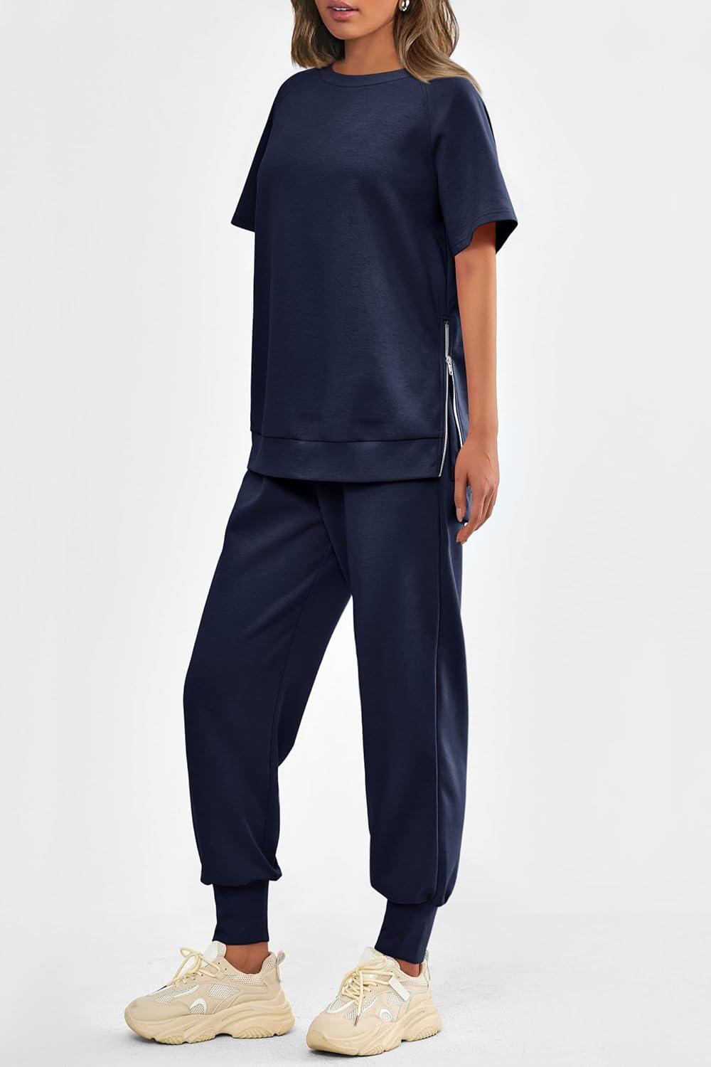 imagePRETTYGARDEN Womens Summer 2 Piece Outfit Tracksuits Casual Short Sleeve Tops High Waisted Sweatpants Set