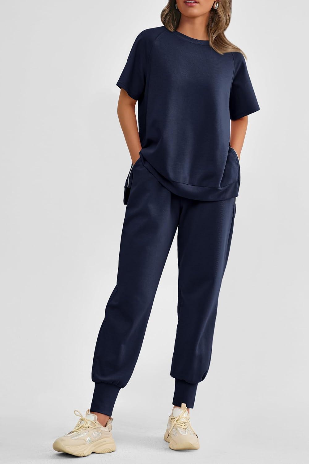 imagePRETTYGARDEN Womens Summer 2 Piece Outfit Tracksuits Casual Short Sleeve Tops High Waisted Sweatpants Set