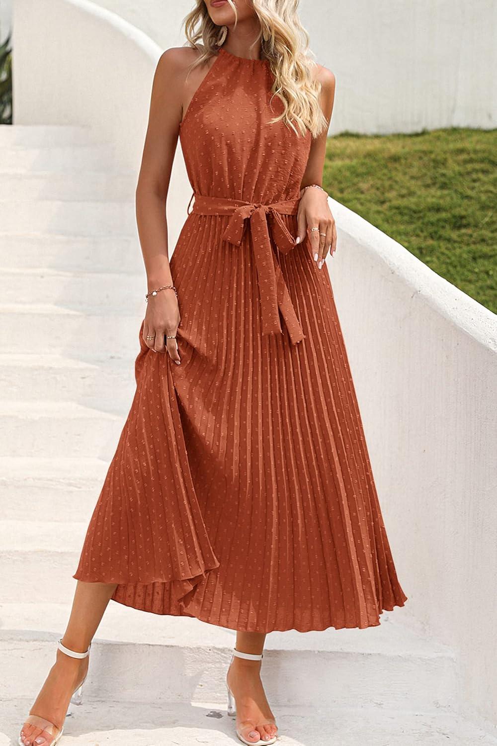 imagePRETTYGARDEN Womens Summer Casual Long Dress Sleeveless Halter Neck Swiss Dot Pleated Beach Maxi Sun Dresses