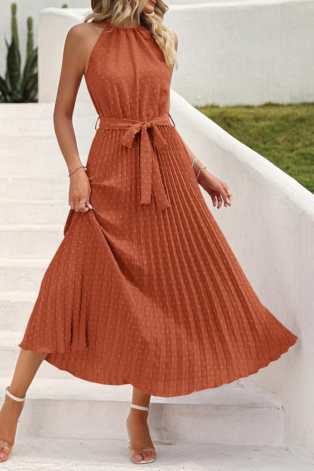 imagePRETTYGARDEN Womens Summer Casual Long Dress Sleeveless Halter Neck Swiss Dot Pleated Beach Maxi Sun Dresses