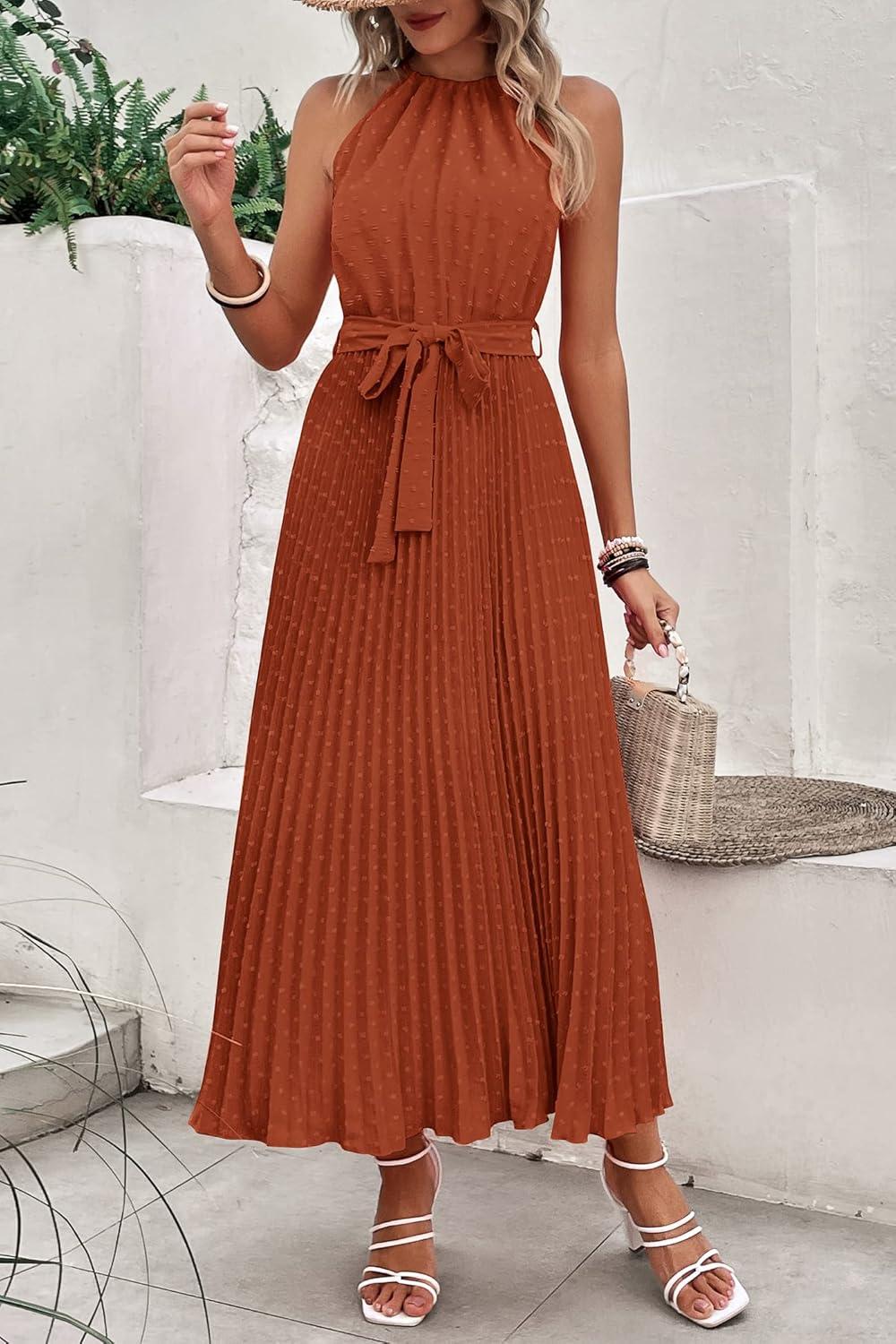 imagePRETTYGARDEN Womens Summer Casual Long Dress Sleeveless Halter Neck Swiss Dot Pleated Beach Maxi Sun Dresses