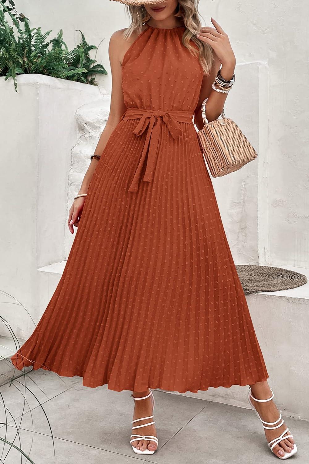 imagePRETTYGARDEN Womens Summer Casual Long Dress Sleeveless Halter Neck Swiss Dot Pleated Beach Maxi Sun Dresses