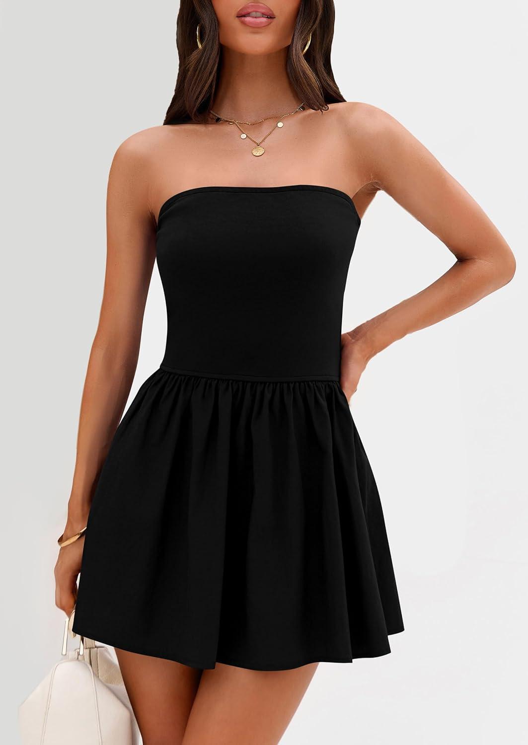 imagePRETTYGARDEN Womens Summer Strapless Mini Party Dress Spring Casual Tube Top Ruffle A Line Short Patchwork SundressesBlack