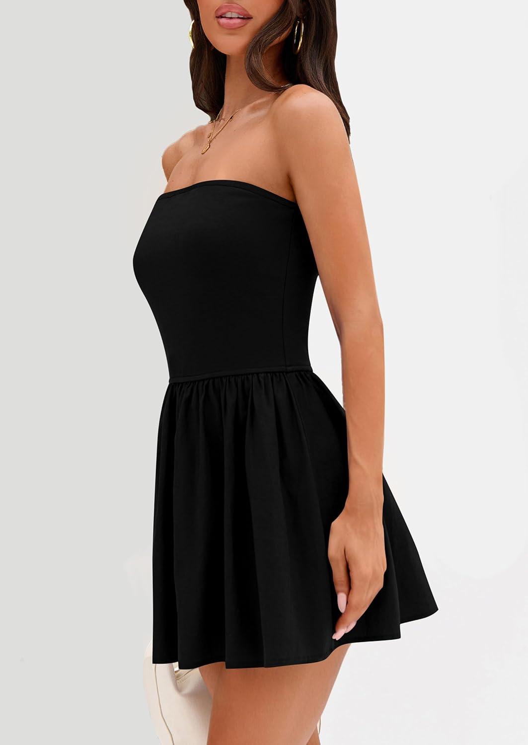 imagePRETTYGARDEN Womens Summer Strapless Mini Party Dress Spring Casual Tube Top Ruffle A Line Short Patchwork SundressesBlack