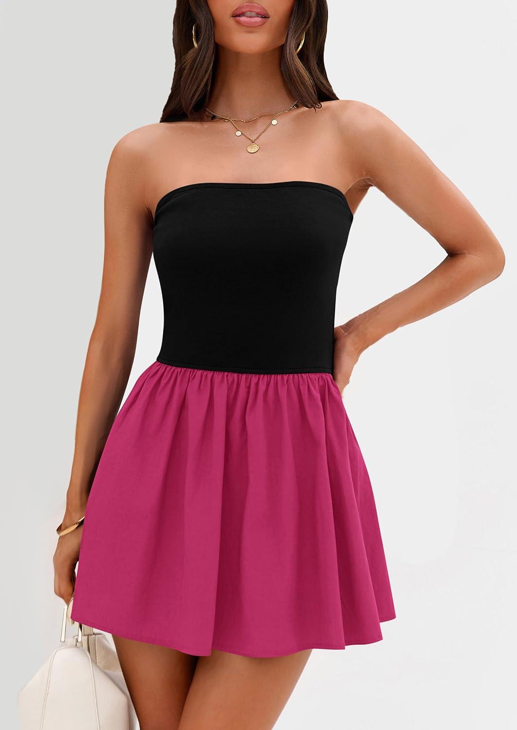 imagePRETTYGARDEN Womens Summer Strapless Mini Party Dress Spring Casual Tube Top Ruffle A Line Short Patchwork SundressesBlack Rose Red