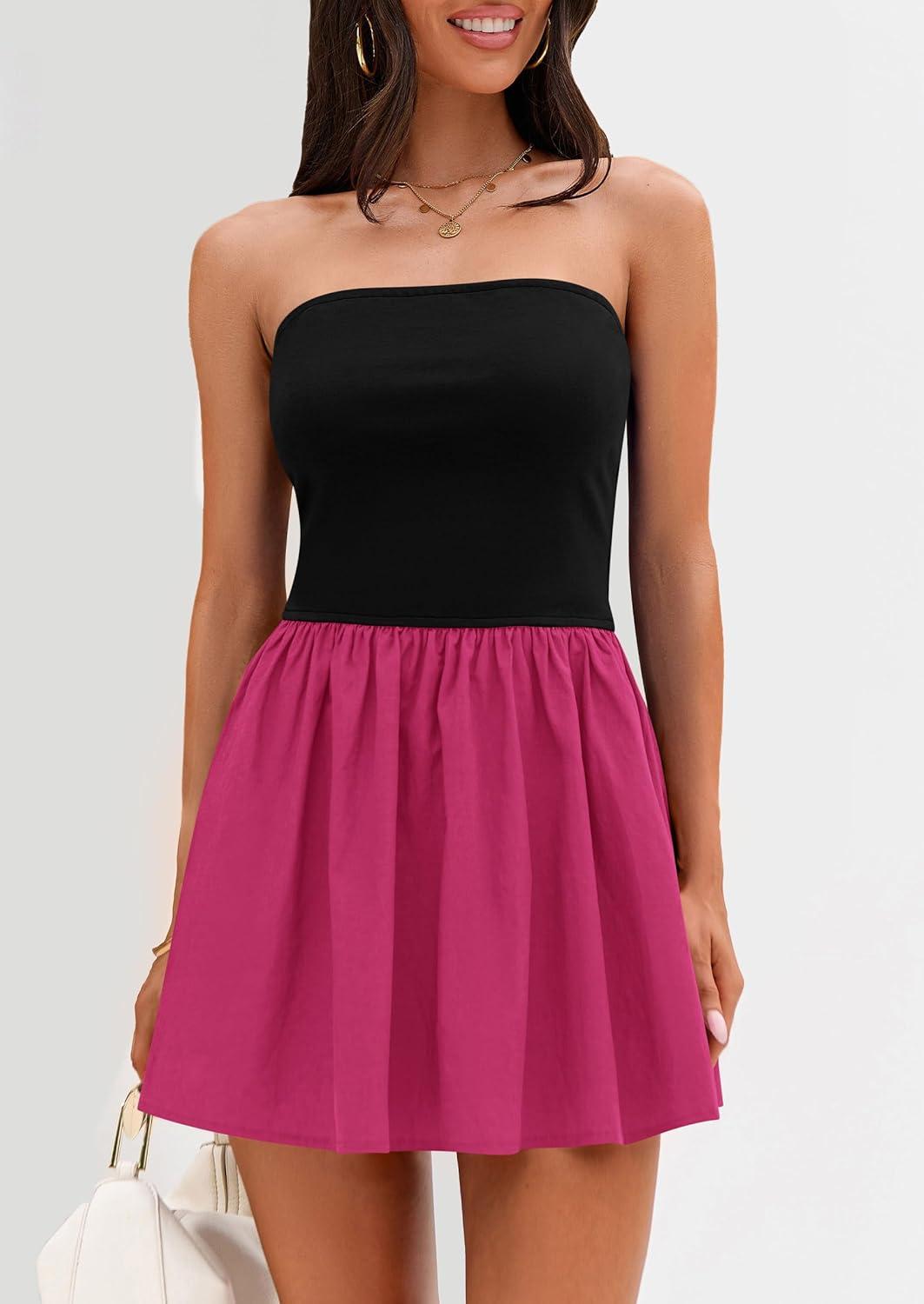 imagePRETTYGARDEN Womens Summer Strapless Mini Party Dress Spring Casual Tube Top Ruffle A Line Short Patchwork SundressesBlack Rose Red