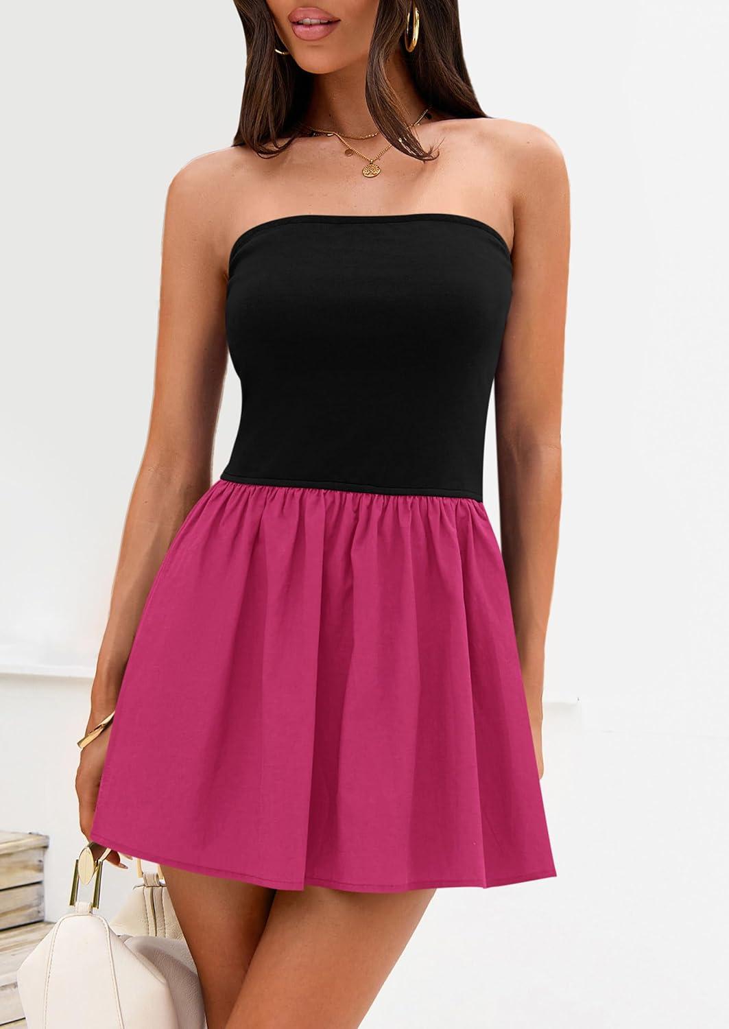 imagePRETTYGARDEN Womens Summer Strapless Mini Party Dress Spring Casual Tube Top Ruffle A Line Short Patchwork SundressesBlack Rose Red