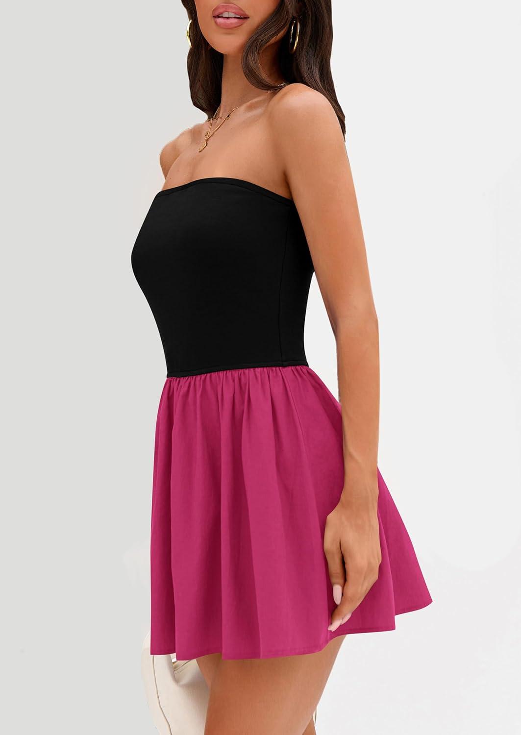 imagePRETTYGARDEN Womens Summer Strapless Mini Party Dress Spring Casual Tube Top Ruffle A Line Short Patchwork SundressesBlack Rose Red