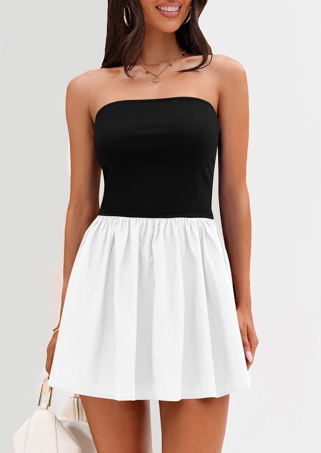 imagePRETTYGARDEN Womens Summer Strapless Mini Party Dress Spring Casual Tube Top Ruffle A Line Short Patchwork SundressesBlack White