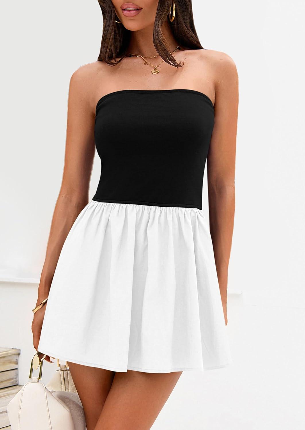 imagePRETTYGARDEN Womens Summer Strapless Mini Party Dress Spring Casual Tube Top Ruffle A Line Short Patchwork SundressesBlack White