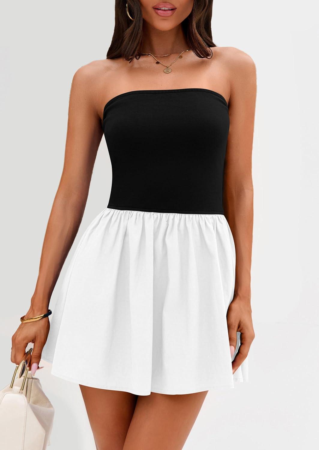 imagePRETTYGARDEN Womens Summer Strapless Mini Party Dress Spring Casual Tube Top Ruffle A Line Short Patchwork SundressesBlack White