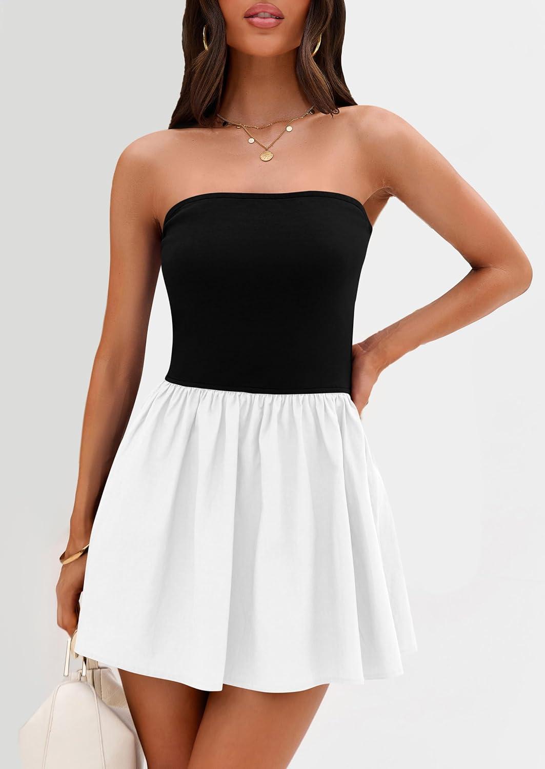 imagePRETTYGARDEN Womens Summer Strapless Mini Party Dress Spring Casual Tube Top Ruffle A Line Short Patchwork SundressesBlack White