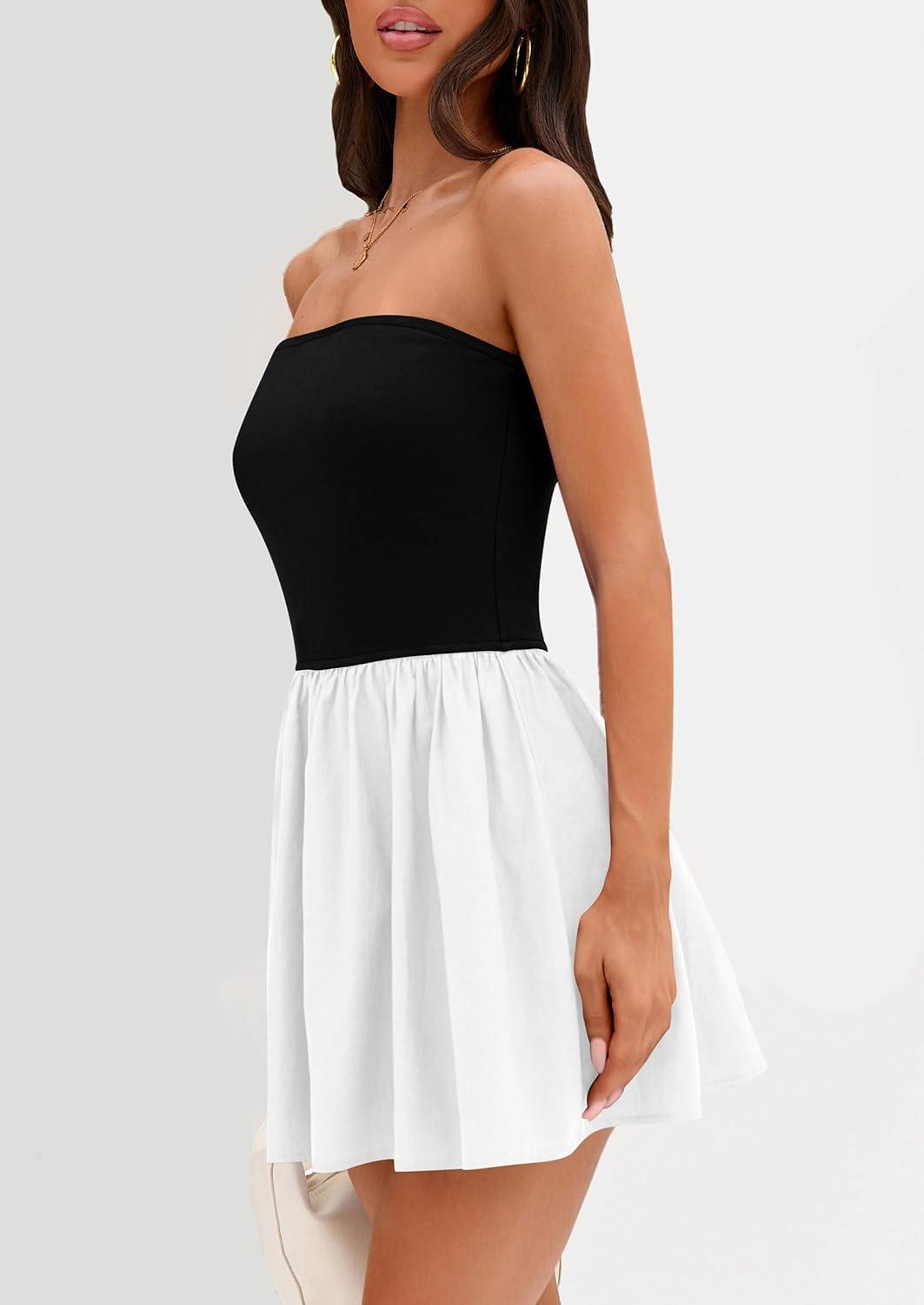 imagePRETTYGARDEN Womens Summer Strapless Mini Party Dress Spring Casual Tube Top Ruffle A Line Short Patchwork SundressesBlack White