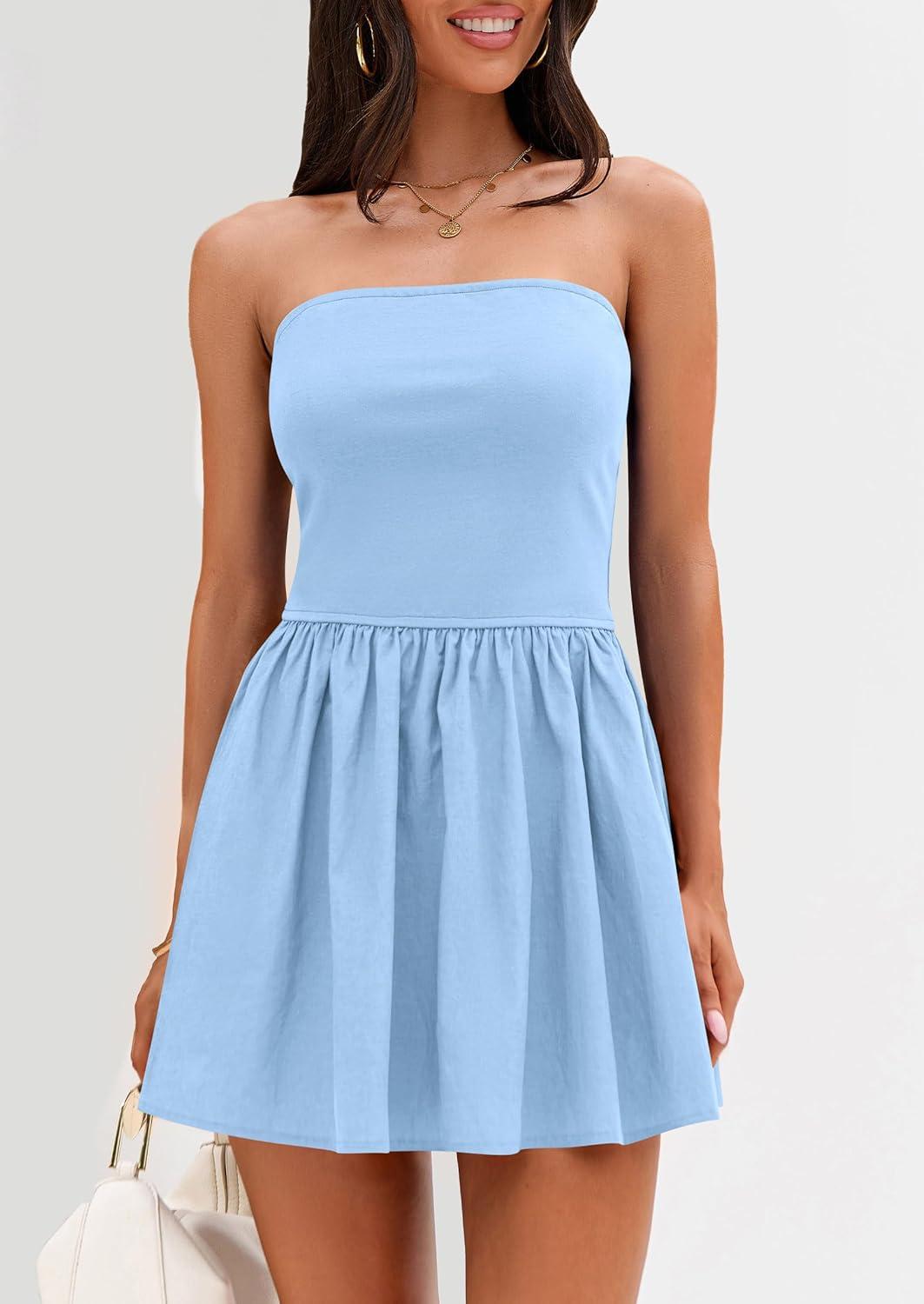imagePRETTYGARDEN Womens Summer Strapless Mini Party Dress Spring Casual Tube Top Ruffle A Line Short Patchwork SundressesLight Blue