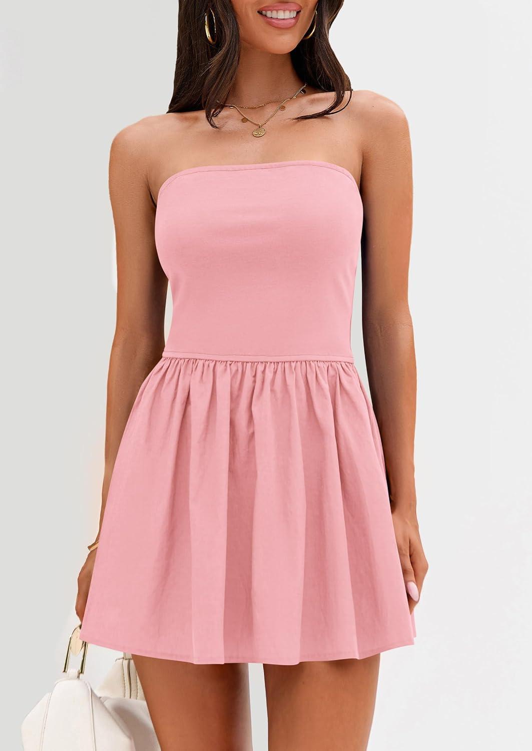 imagePRETTYGARDEN Womens Summer Strapless Mini Party Dress Spring Casual Tube Top Ruffle A Line Short Patchwork SundressesPink