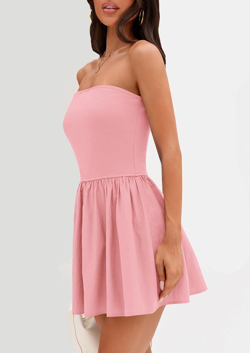 imagePRETTYGARDEN Womens Summer Strapless Mini Party Dress Spring Casual Tube Top Ruffle A Line Short Patchwork SundressesPink
