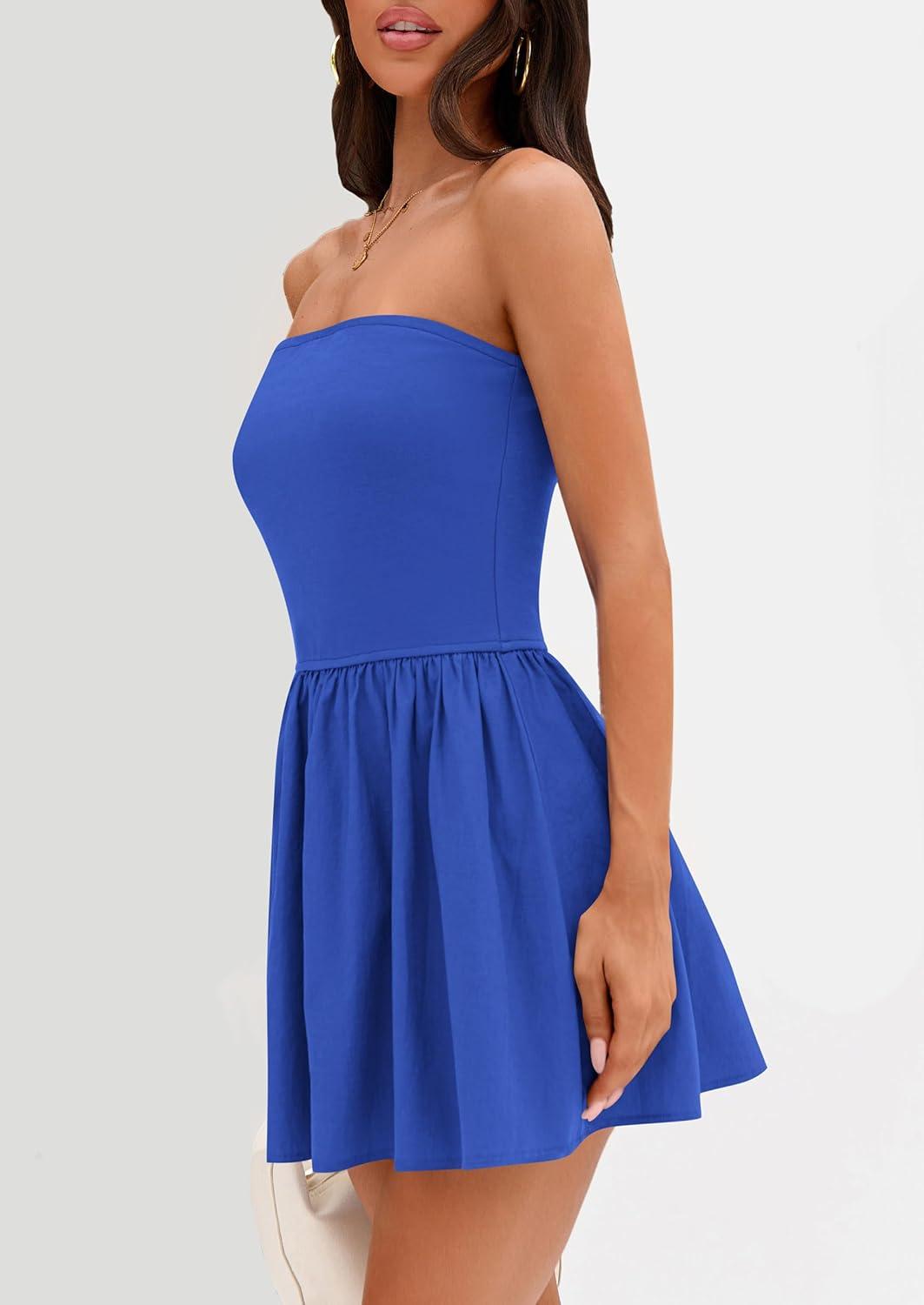 imagePRETTYGARDEN Womens Summer Strapless Mini Party Dress Spring Casual Tube Top Ruffle A Line Short Patchwork SundressesRoyal Blue