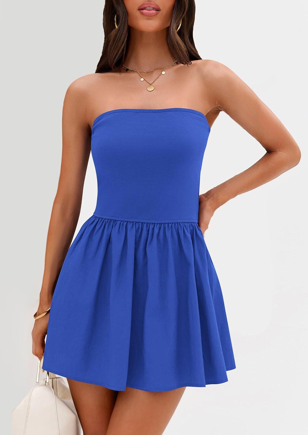 imagePRETTYGARDEN Womens Summer Strapless Mini Party Dress Spring Casual Tube Top Ruffle A Line Short Patchwork SundressesRoyal Blue