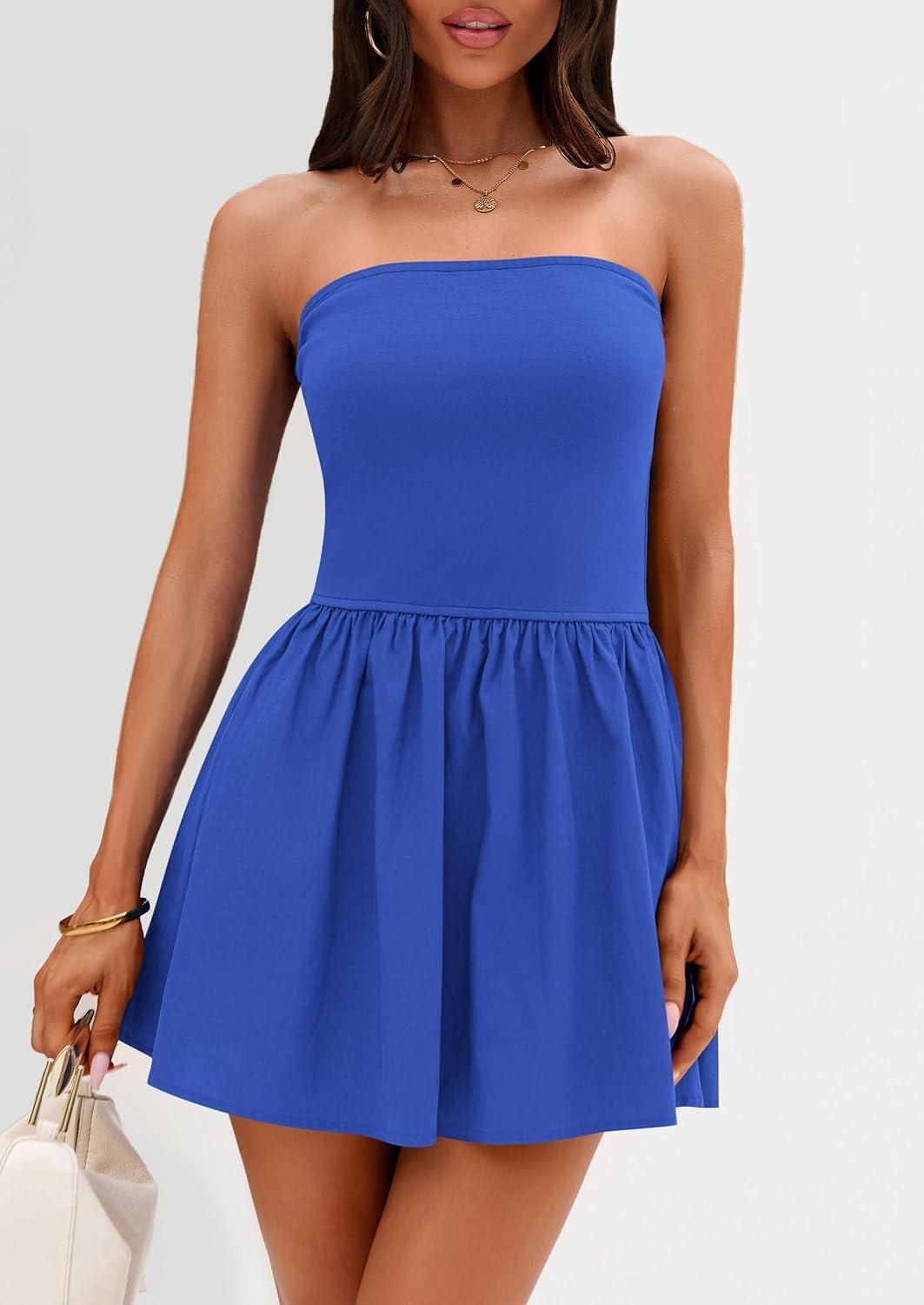 imagePRETTYGARDEN Womens Summer Strapless Mini Party Dress Spring Casual Tube Top Ruffle A Line Short Patchwork SundressesRoyal Blue
