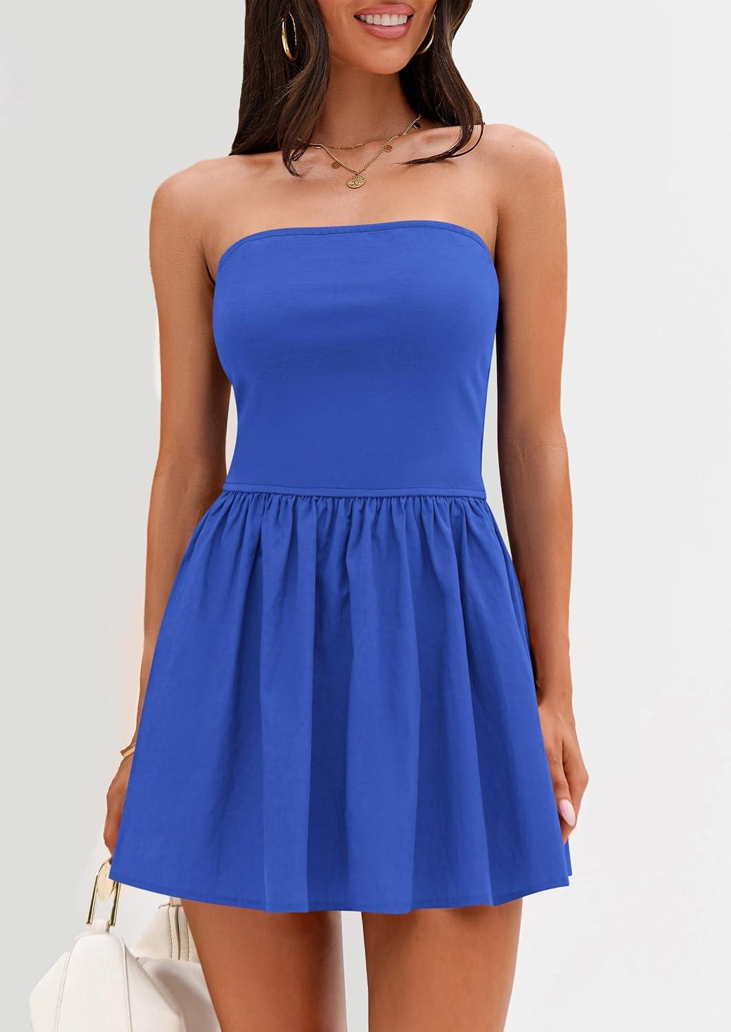 imagePRETTYGARDEN Womens Summer Strapless Mini Party Dress Spring Casual Tube Top Ruffle A Line Short Patchwork SundressesRoyal Blue