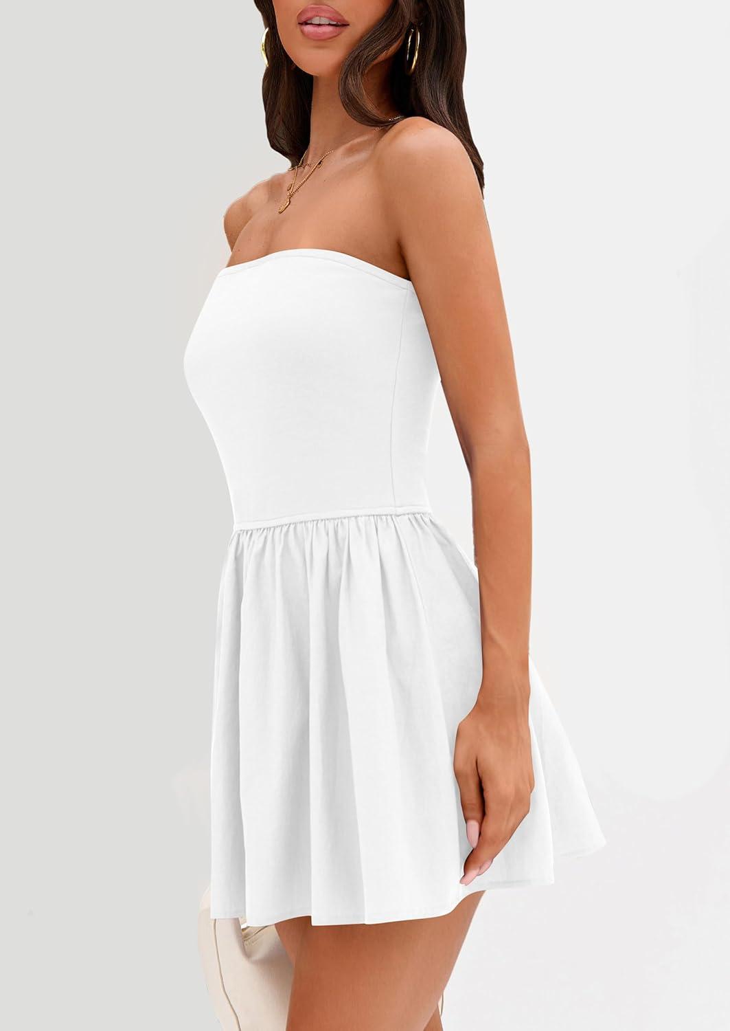 imagePRETTYGARDEN Womens Summer Strapless Mini Party Dress Spring Casual Tube Top Ruffle A Line Short Patchwork SundressesWhite