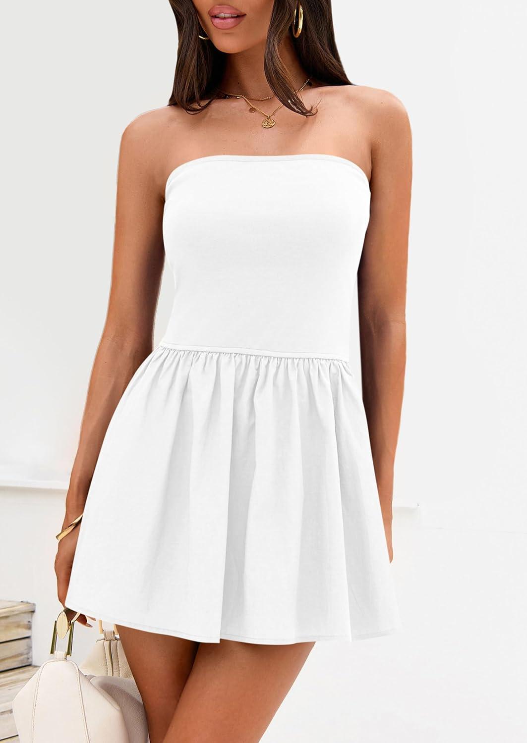 imagePRETTYGARDEN Womens Summer Strapless Mini Party Dress Spring Casual Tube Top Ruffle A Line Short Patchwork SundressesWhite