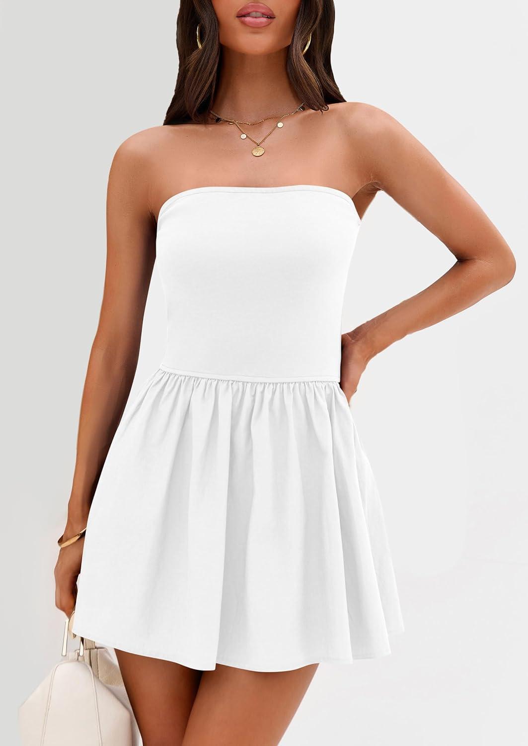 imagePRETTYGARDEN Womens Summer Strapless Mini Party Dress Spring Casual Tube Top Ruffle A Line Short Patchwork SundressesWhite