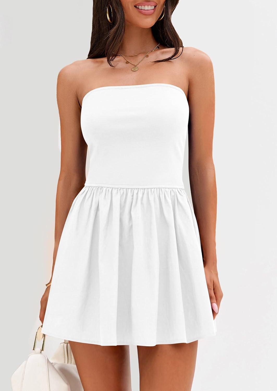 imagePRETTYGARDEN Womens Summer Strapless Mini Party Dress Spring Casual Tube Top Ruffle A Line Short Patchwork SundressesWhite