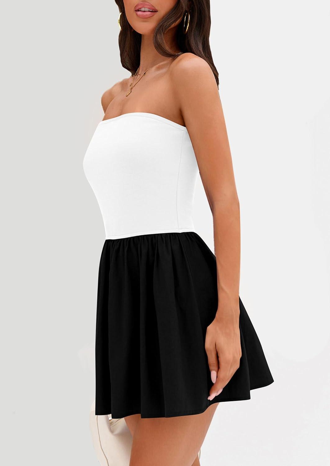 imagePRETTYGARDEN Womens Summer Strapless Mini Party Dress Spring Casual Tube Top Ruffle A Line Short Patchwork SundressesWhite Black