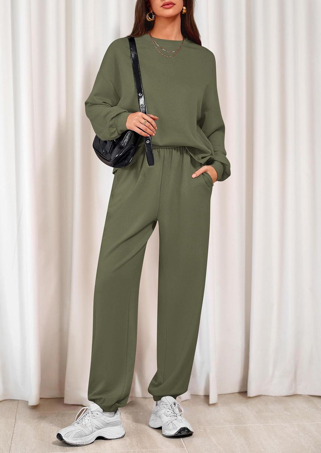 imagePRETTYGARDEN Womens Two Piece Lounge Sets 2025 Fall Airport Outfits Long Sleeve Pullover Tops Sweatpants Matching ClothingArmy Green